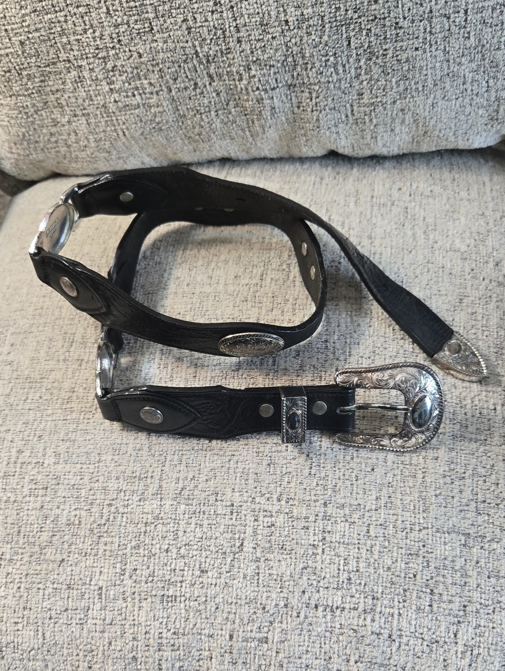 Vintage Black Western Leather Belt with Silverplated Buckle 31" To 35"  Conchos